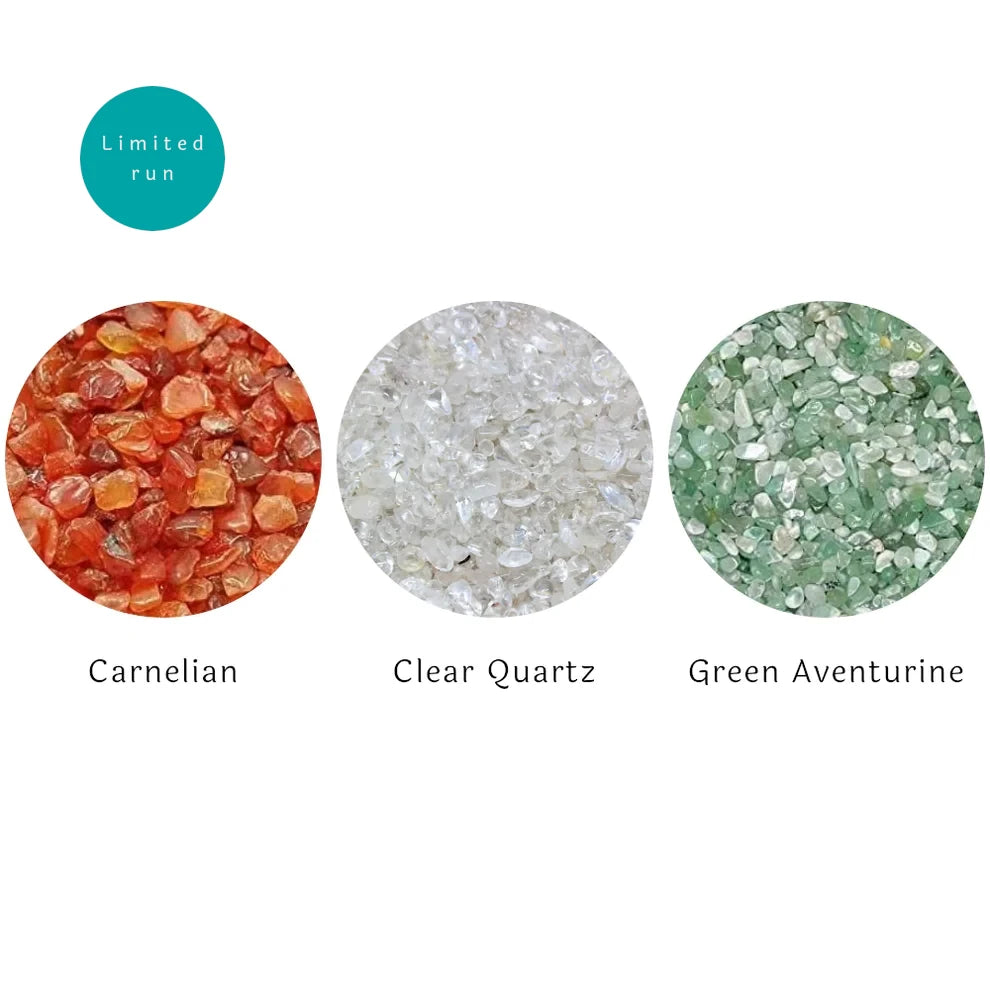 SASARAworld • Responsibly-Sourced, Genuine Crystal Wish Bottle Trio: Carnelian, Clear Quartz & Green Aventurine
