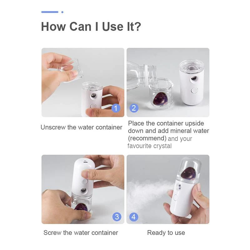 Portable Rechargeable Crystal Mist Room and Car Spray is Designed to Keep you Fresh, Balanced and Rejuvenated by Harnessing the Natural Energies of your Favourite Crystals.