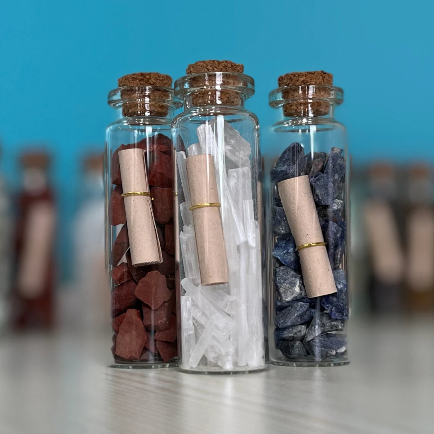 SASARAworld • Responsibly-Sourced, Genuine Crystal Wish Bottle Trio: Red Jasper, Selenite & Sodalite