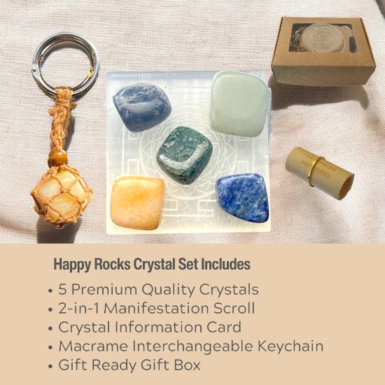 Crystals for Happiness Set with Sodalite, Moss Agate, Green Aventurine, Yellow Aventurine, Iolite, manifestation scroll, macrame interchangeable keyring, gift box | @SASARAworld
