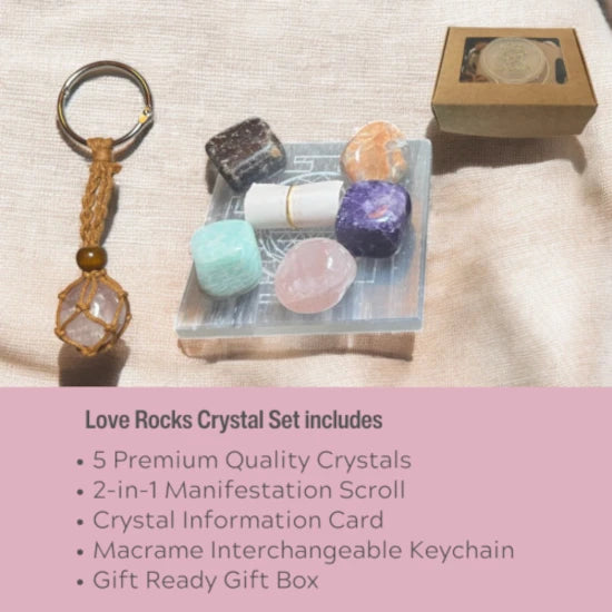Rose Quartz, Garnet, Amazonite, Peach Moonstone, Lepidolite Crystals for Love and Relationships. Includes manifestation scroll, macrame interchangeable keyring, gift box | @SASARAworld