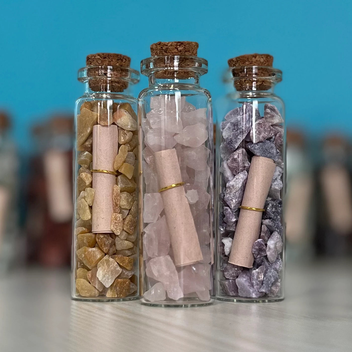 SASARAworld • Responsibly-Sourced, Genuine Crystal Wish Bottle Trio: Yellow Aventurine, Rose Quartz & Lepidolite