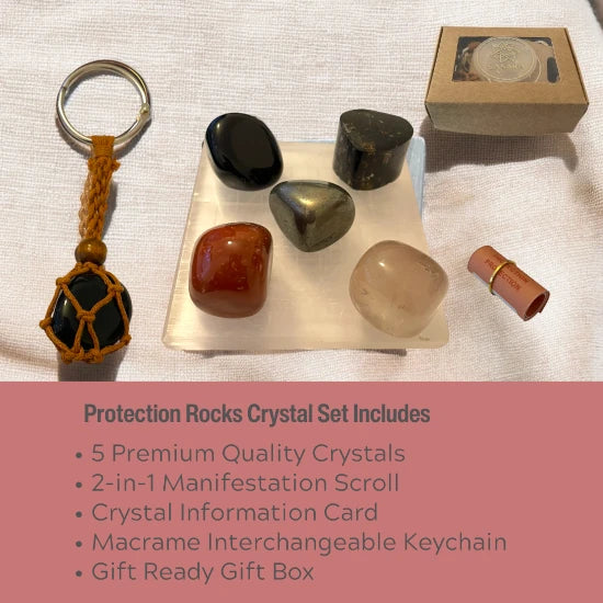 Crystals for Protection Set with Black Tourmaline, Pyrite, Black Obsidian, Red Jasper, Smoky Quartz, manifestation scroll, macrame interchangeable keyring, gift box | @SASARAworld