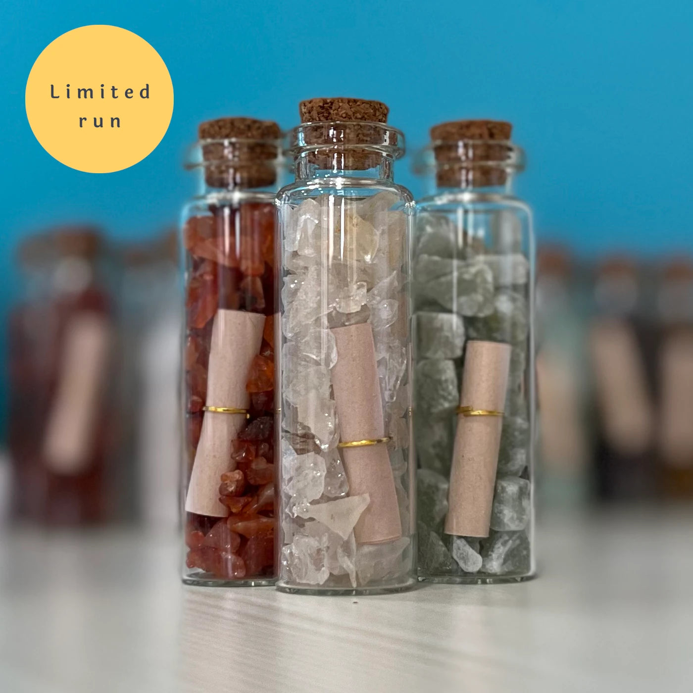 SASARAworld • Responsibly-Sourced, Genuine Crystal Wish Bottle Trio: Carnelian, Clear Quartz & Green Aventurine
