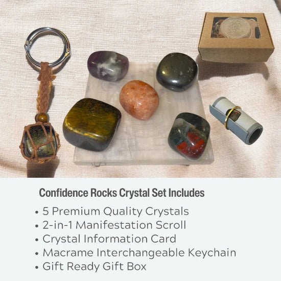 Crystals for Confidence Set with Tiger Eye, Multi Fluorite, Hematite, Bloodstone Sunstone, manifestation scroll, macrame interchangeable keyring, gift box | @SASARAworld