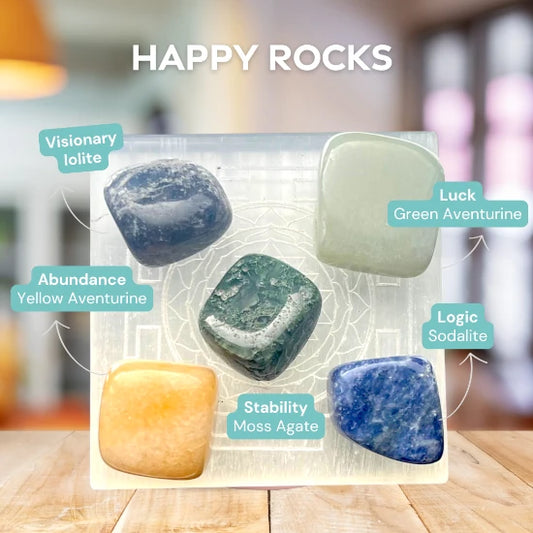 Crystals for Happiness and Emotional Wellbeing are Sodalite, Green Aventurine, Yellow Aventurine, Moss Agate, Iolite. Happy Rocks Crystal Set Includes Manifestation Scroll, Macrame Interchangeable Keyring, Gift Box | @SASARAworld